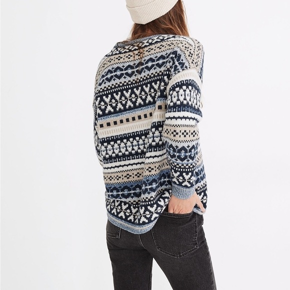 MADEWELL Forrest Fair Isle Wool V-Neck Sweater Blue Tan Cream Sz XS - Picture 3 of 14